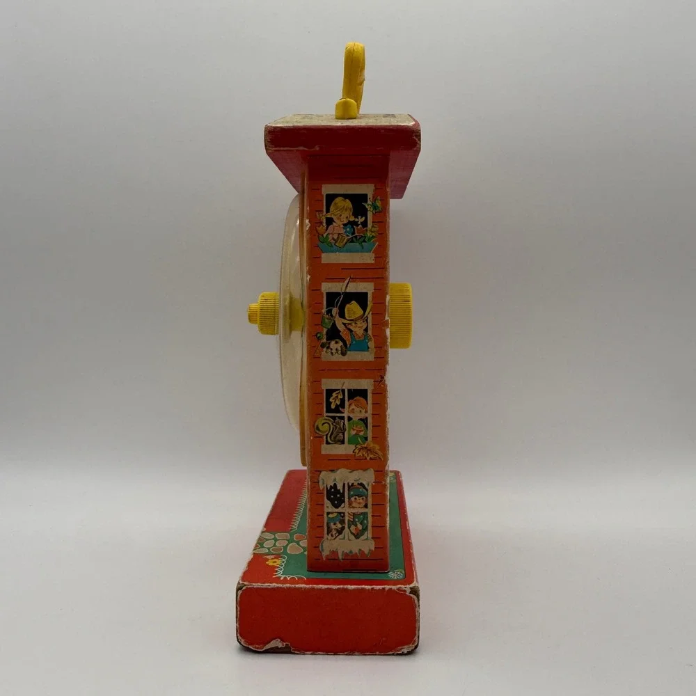 Vintage 1968 Fisher Price 998 Music Box Teaching Clock Kids Red Wood Toy TESTED